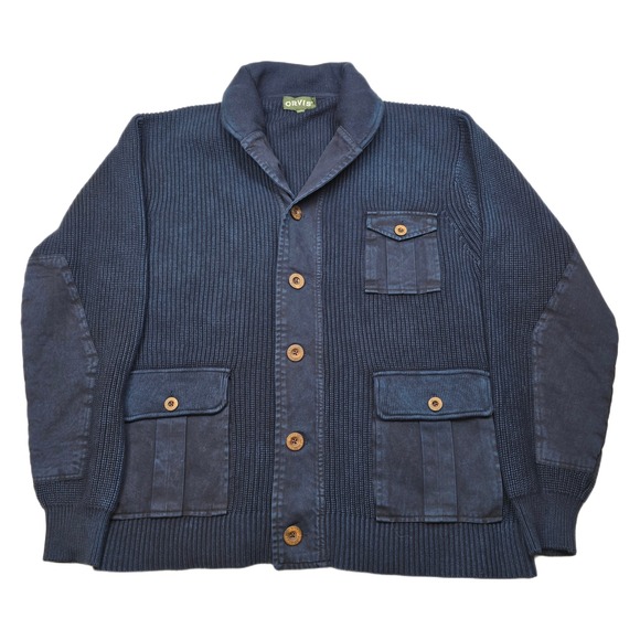 Orvis Cardigan Sweater Mens Large Navy Blue Knit Shawl Collar Cotton Military - Picture 1 of 11